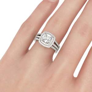 Ensemble de bagues de fiançailles Jeulia Double Halo avec moissanite taille coussin en argent sterling - Product Image 4