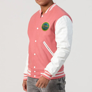 Men's <b>Pink</b> White Varsity <b>Jacket</b> Embroidered Badge Casual College Style Baseball <b>Jacket</b> Regular Fit Turn-down Collar - Product Image 3