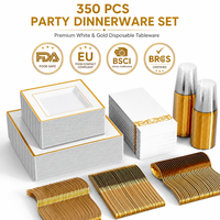 Vaisselle jetable en gros, 350 pièces, pour 50 invités, ensemble de vaisselle carrée avec bord doré, assiettes et couverts en plastique