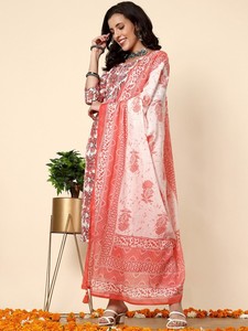 <b>women</b> ethnic orange <b>Floral</b> Printed Sequined Pure Cotton Kurta with <b>Trousers</b> & With Dupatta indian pakistani salwaar kameez suit - Product Image 2