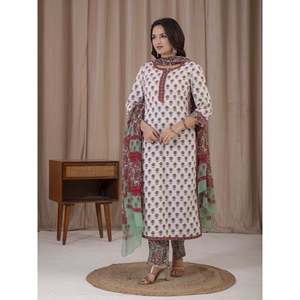 Casual White Red Hand Block Printed Cotton Kurta Pant Set - Product Image 6