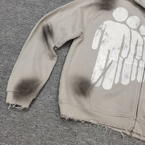 เสื้อฮู้ดดี้ทรงบ็อกซี่แบบซิปสำหรับผู้ชาย คุณภาพสูง ลวดลายพ่นสีแบบแอซิดวอช แต่งรอยขาด ปักตัวอักษร พิมพ์ลายสกรีน - Product Image 3