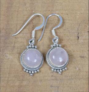 Natural Pink Rose Quartz Cabochon Round 10mm Bezel Setting Baho Vintage Dangle <b>Drop</b> Solid 925 Sterling <b>Silver</b> Handmade <b>Earring</b> - Product Image 1
