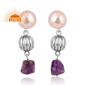 Meilleure conception de boucles d'oreilles en argent 925 avec améthyste naturelle et perle pour femmes Fournisseur de bijoux de conception personnalisée - Product Image 2