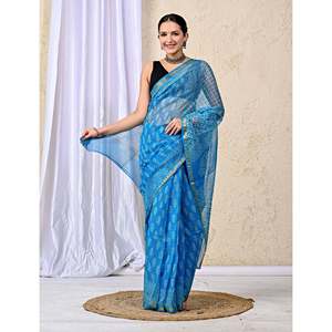 Sari en soie brodé et imprimé à la main Kota Doriya avec chemisier, style Bollywood doux pour le quotidien et les fêtes, matière épaisse - Product Image 6