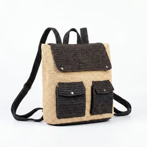 Sac à dos en paille tressée avec doublure en polyester, grande capacité, sac fourre-tout, poches avant, sac de voyage quotidien décontracté pour femme - Product Image 1