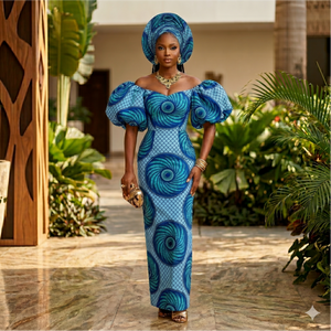 Vestido africano con estampado de cera en rosa y azul, con mangas abullonadas y pañuelo a juego para bodas y fiestas. - Product Image 5
