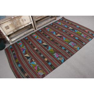 Tapis vintage 4x6,8 pieds, tapis turc, tapis marron et bleu à bords bordés - Product Image 3