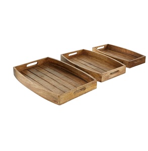 Plateau en bois de manguier avec poignées à fentes, lot de 3, plateau roulant rond brun, plateau de service en bois pour les petits-déjeuners - Product Image 1