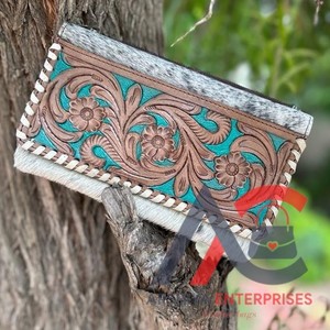 Nuevo estilo occidental Hair On Hide Colorful Tooled Fur Leather Clutch Mujeres Diseñado Monedero Venta caliente Tooled Leather Unique Wallet - Product Image 1