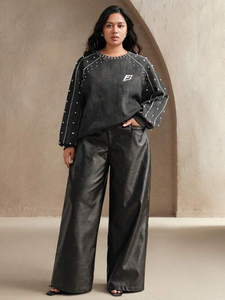Women’s Stud Embellished Sweatshirt Round Neck <b>Long</b> <b>Sleeve</b> Relaxed Pullover <b>Black</b> Casual Streetwear <b>Top</b> Wholesale B2B Sweatshirt - Product Image 2