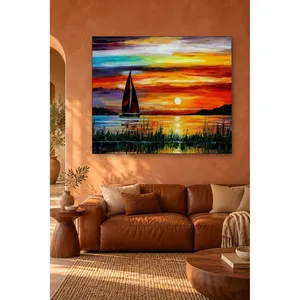 Impression sur toile de voilier Fida et de roseaux au coucher de soleil rouge - Product Image 5