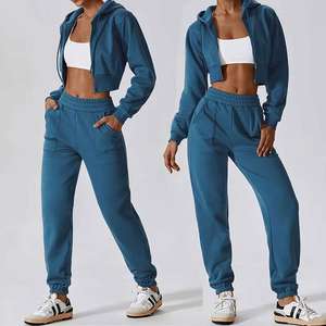 Ensemble de vêtements d'hiver pour femmes, haut court zippé avec capuche, pantalon de jogging ample à jambe droite, sweat-shirt en polaire - Product Image 6