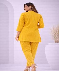 NEW ARRIVAL COTTON BLEND PLAIN CO-ORD SET DAILY WEAR WEAVING LATEST DESIGNER FANCY ETHNIC GARMENT YELLOW - Product Image 3