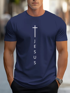 T-shirt décontracté en coton pour homme, été 2025, coupe ample tendance, imprimé avec une grande croix et la lettre Jésus, manches courtes, logo sur le devant - Product Image 3