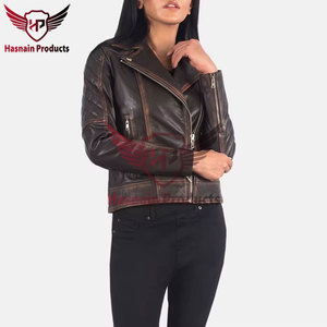 Blouson de motard asymétrique en cuir véritable vieilli pour femme, avec fermeture éclair, manches matelassées en peau de mouton, col à revers, poches zippées, vêtement d'extérieur personnalisé, nouveauté - Product Image 5