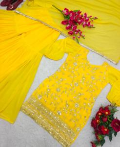 Lancement d'un nouveau design haut pantalon avec ensemble Dupatta fausse georgette avec broderie de séquence travail avec robe fantaisie à manches ballon - Product Image 4