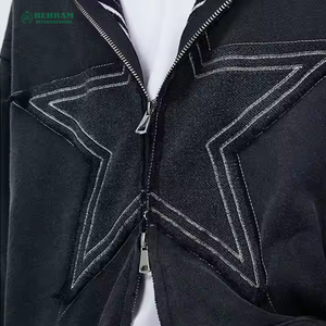 Sweat à capuche unisexe en molleton bouclette de coton, coupe classique, grammage lourd, avec fermeture éclair personnalisée, effet délavé à l'acide et broderie vieillie - Product Image 5
