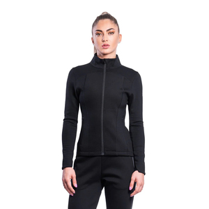 Women Black Full Sleeve Stand Collar Zipper Jacket Solid Color Quick Dry Fitness Wear Regular Fit All Seasons Spandex Polyester - Product Image 1