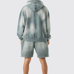 Conjunto de pantalones cortos con capucha lavados con ácido de algodón 100% para hombre 500Gsm Terry Fabric Custom Logo Zip Streetwear Short Set - Product Image 3