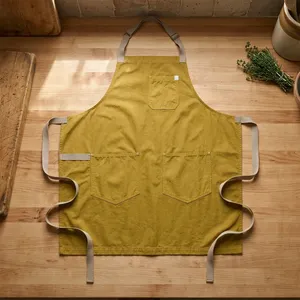 Delantal sin mangas de lona amarillo mostaza con 3 bolsillos, lavable a máquina, ecológico, resistente al agua, para cocina y uso diario, sencillo. - Product Image 1