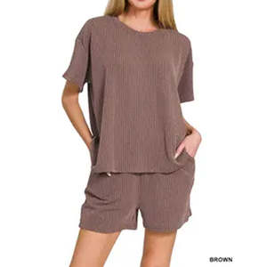 Manufacturer Wholesale Custom Summer Casual Corded Rib <b>Short</b> Sleeve T-Shirt <b>Shorts</b> Women's Two Piece <b>Sets</b> Men - Product Image 2