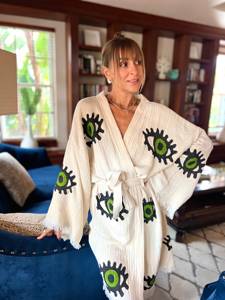 Handcrafted Natural Cotton Printed <b>Kimono</b> Robe Cozy Blanket Maxi Housecoat <b>Long</b> Fringe-Trim Sleeves Classic Loungewear Sweet - Product Image 2