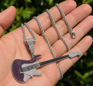 Collar con Colgante de Guitarra Iced Out, Cadena de Cuerda de Latón con Zirconia, Chapado en Rodio, Joyería Hip Hop para Hombre - Product Image 1