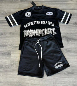 Camiseta de 2 piezas y conjunto corto de dos tonos de verano para hombre, conjunto de 2 piezas de algodón 100%, camiseta de gran tamaño con cordón en la cintura - Product Image 3