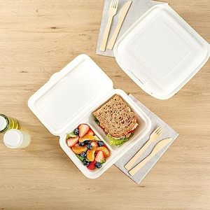 Boîte à salade jetable biodégradable écologique à deux compartiments couvercle de récipient d'emballage de pulpe de canne à sucre cafétérias Section plateau de repas - Product Image 5