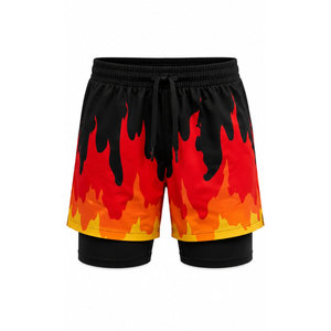 Shorts pour hommes à séchage rapide avec imprimé flamme, taille à cordon de serrage, style sport décontracté, 100% polyester, longueur courte - Product Image 2