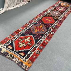 Turkish <b>Runner</b> Rug, 2.8x12.5 ft Vintage Rug, <b>Red</b> Patchwork Wool Rug - Product Image 4