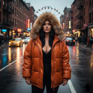 Blouson matelassé en cuir véritable pour femme avec motif à carreaux, fermeture éclair, col en fourrure de renard - Vêtement d'extérieur d'hiver - Product Image 5