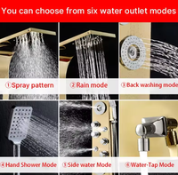 Colonne de douche moderne en acier inoxydable doré brossé avec jets de massage corporel effet pluie et cascade, douchette à main et bec de baignoire pour salle de bain d'hôtel