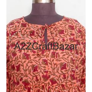 Robe mi-longue élégante en coton à col en V, respectueuse de l'environnement, pour femmes, impression en bloc, fête, mariage, événements, fonctions - Product Image 3