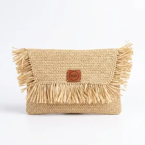 Sac à main en raphia bohème ANA Madagascar avec franges, sac à main pour femme, doublure en polyester résistante à l'eau, fermeture éclair - Product Image 1