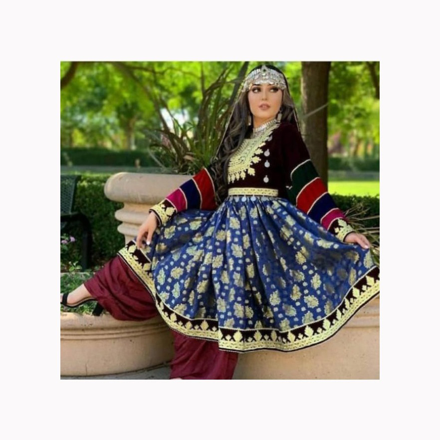 slim fit dress slacks Sailor Blue and Gold Wedding Wear Bridal Gown Anarkali Long Indian Dress main image 1