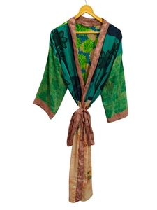 Fait à la main indien Vintage soie recyclée Sari Kimono Patchwork Kimono Robe Bikini couvrir vêtements de nuit longue Robe, - Product Image 2