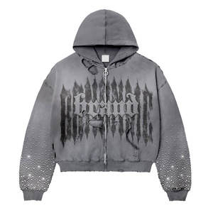 Facile à porter Friendly Budget Rhinestone Acid Wash Hoodie Prix bas Séchage rapide Sun Faded Vintage Terry High Street Hoodie - Product Image 4