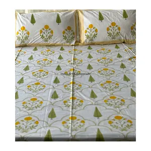 Venta al por mayor indio hecho a mano sanganeri bloque de mano impreso sábanas juegos de cama sábana con funda de almohada