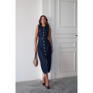 Vestido vaquero azul marino sin mangas para mujer con cinturón y cierre de botones frontales - Product Image 3