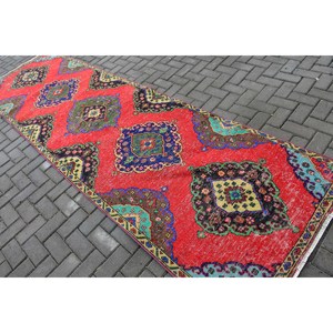 Alfombra Turca de 3.5x11.9 pies (106x364 cm), Alfombra Vintage con Cuadros Rojos - Product Image 4