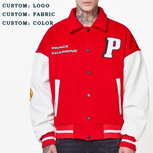 Chaqueta universitaria personalizada OEM para hombre, forro polar rojo de alta calidad con mangas de cuero auténtico y parches de chenilla - Product Image 1