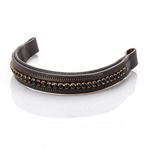 Bande de front de cheval en cuir rembourrée à canal vide de forme droite avec des cristaux ronds dorés et noirs - Product Image 4
