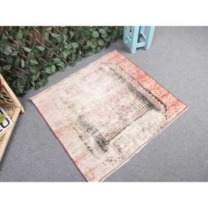 Vintage Small Rug 3x2.7 ft, Turkish <b>Red</b> Floral <b>Wool</b> Rug - Product Image 1