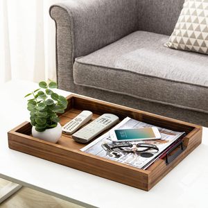 Plateau de rangement en bois massif de qualité supérieure avec poignées métalliques robustes, grande taille, design durable pour la cuisine, la salle à manger, la table basse, l'usage domestique - Product Image 4