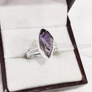 Anillo de Plata de Ley 925 con Amatista Natural en Bruto para Mujer, Gema de Febrero, Banda Punteada, Joyería de Piedra Natural, Regalo de Navidad - Product Image 5