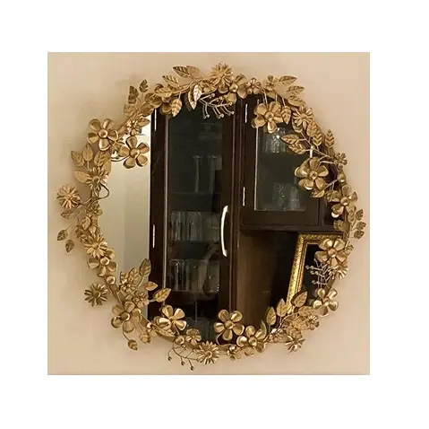 Very beautiful round shape flower and leaf frame in antique brass golden color decorative wall mirror for home and hotels