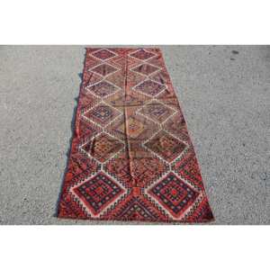 Classic Red <b>Blue</b> Wool <b>Rug</b> 3.3 X 8ft <b>Large</b> Area Turkish Handmade 10mm Abstract Patchwork Rectangle Latex for Hallway Room <b>Rug</b> - Product Image 1