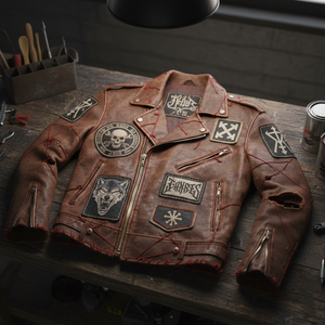 Veste en cuir véritable OEM de haute qualité, cuir brun vintage avec patchwork brodé et détails de surpiqûres rouges - Product Image 1